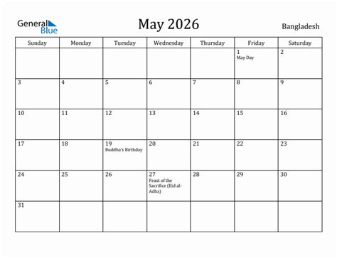 May 2026 Monthly Calendar With Bangladesh Holidays