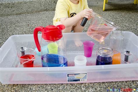 Let children place the labels on the different buildings. Pouring Station Activity for Toddlers - Busy Toddler
