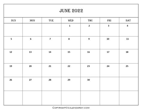 Blank Monthly Calendar Printable June 2022
