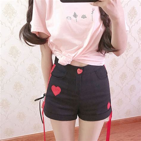 Womens Casual High Waist Shorts Ribbon Love Embroidery Harajuku Cute