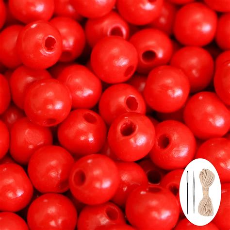 300pcs Red Natural Wooden Beads For Crafts Assorted Stained Round