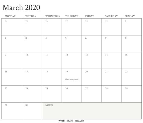 Editable Calendar March 2020 With Holidays Whatisthedatetodaycom