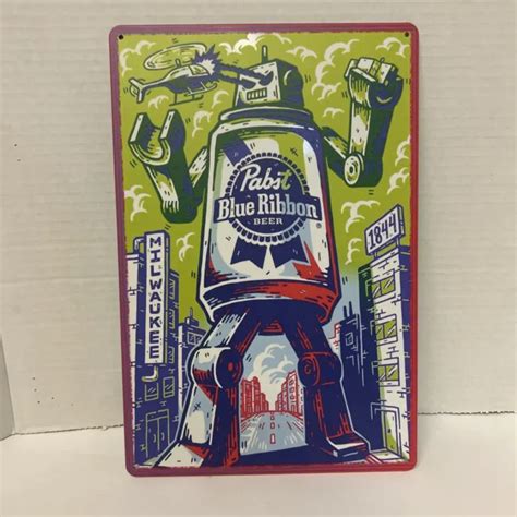 Pabst Blue Ribbon Beer Tin Sign Retro Robot Poster Cartoon Man Cave
