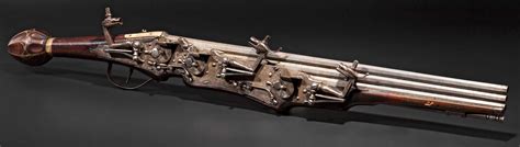 Triple Barrelled German Wheel Lock Pistol With A Single Trigger To Fire