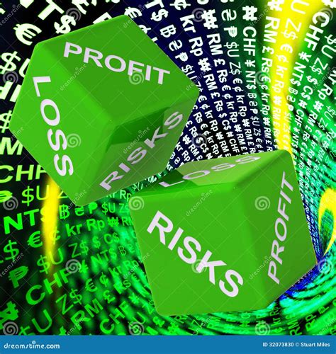 Profit, Loss, Risks Dice Background Shows Risky Investments Stock