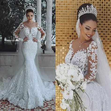 Luxury Dubai Saudi Arabic Lace Mermaid Wedding Dress Sexy Illusion Long Sleeve Bride Dresses