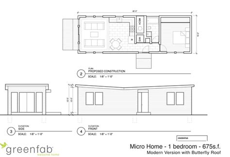 Label the materials or structural members of the floor plan. Greenfab's cottage home- 1 bedroom at 675sf with butterfly ...