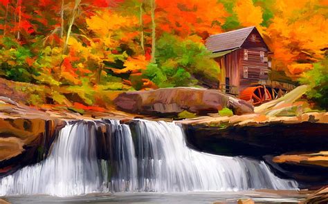 Beautiful Waterfalls Autumn Waterfalls Painting House Hd Wallpaper