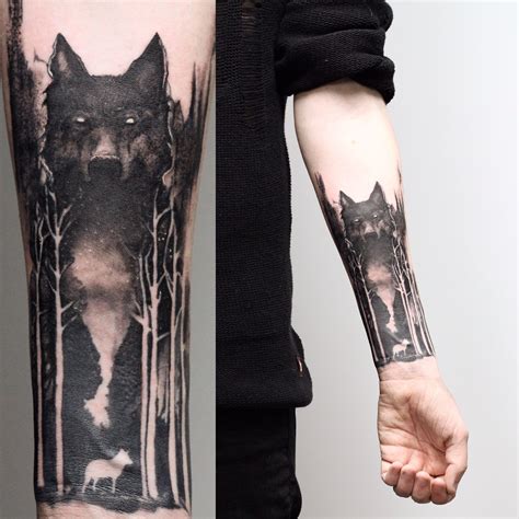Https://tommynaija.com/tattoo/wolf In Forest Tattoo Design