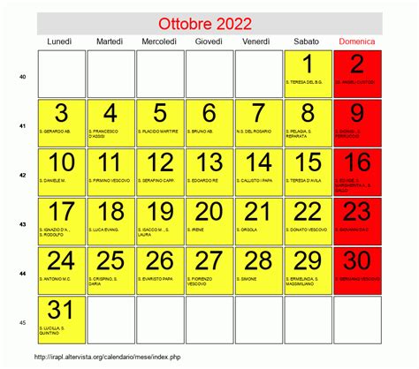 Calendario Di Ottobre 2022