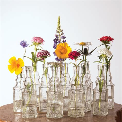 Luna Bazaar Small Vintage Glass Bottle Set 6 5 Inch Square Design Clear Set Of 12 Flower