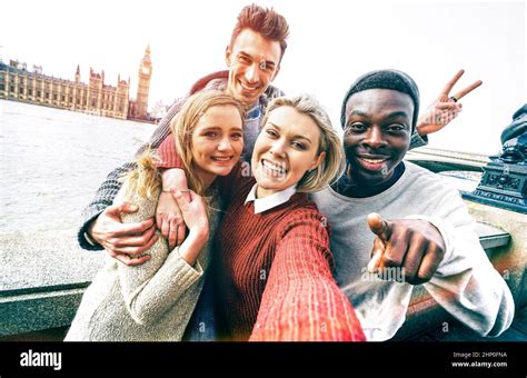 Happy Multiracial Friends Group Taking Selfie In London At European