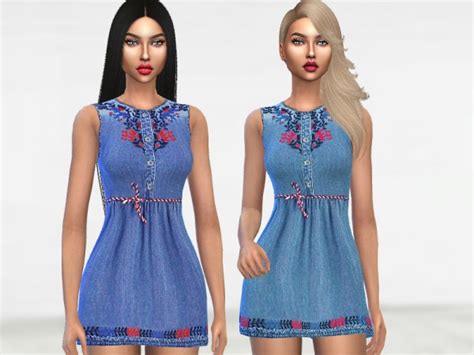 The Sims Resource Embroidered Denim Dress By Puresim • Sims 4 Downloads