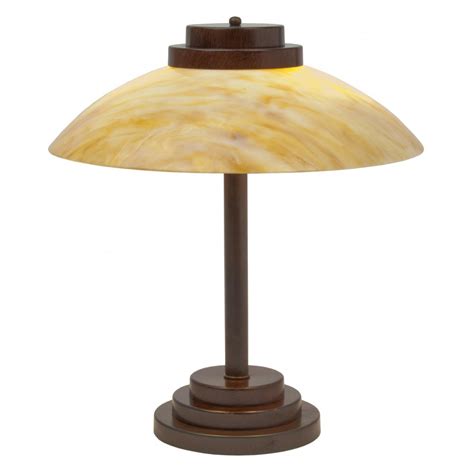 Art Deco Table Lamp With Amber Marbled Glass Shade On