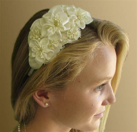 Wedding Headband Ivory Silk Satin Floral Ribbonwork Etsy