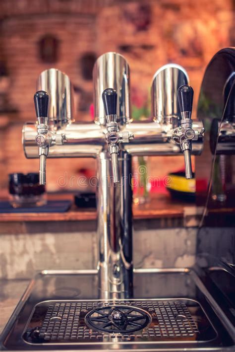 Beer Taps At Restaurant Bar Pub Or Bistro Close Up Details Of Beer