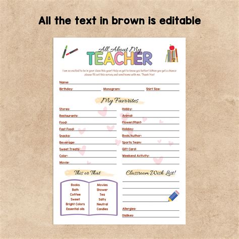 Editable All About My Teacher Survey Get To Know Teacher Printable