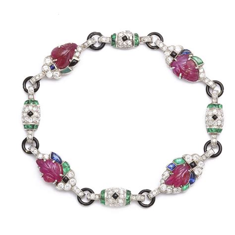 Art Deco Tutti Frutti Bracelet Sapphire Diamond Emerald And Carved