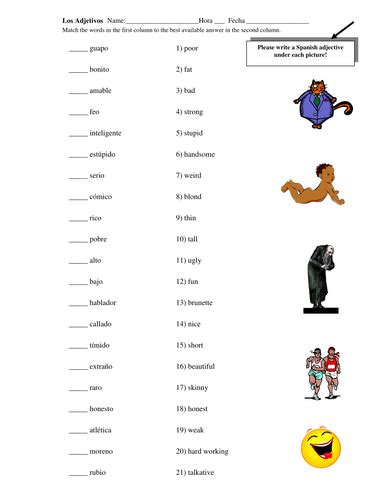 Spanish Adjectives Of People Matching Worksheet By Suesummersshop