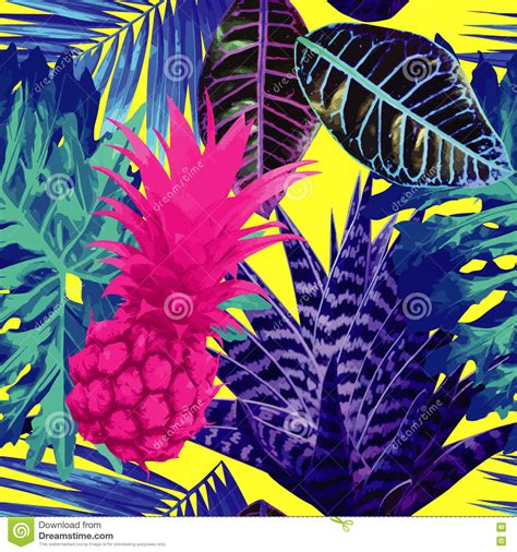Pink Pineapple And Blue Exotic Plants Seamless Background Stock Vector