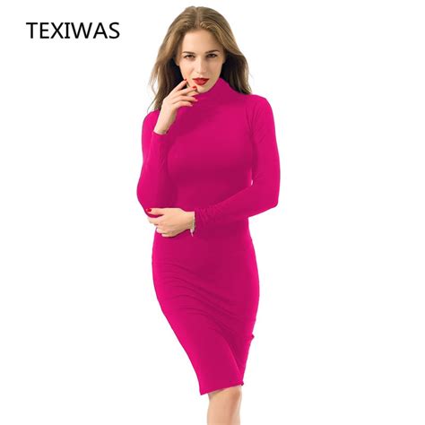 Texiwas 2018 Autumnwinter Long Sleeves High Collar Sexy Slim Solid Color Dress Womens Fashion
