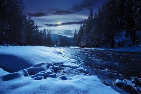 Frozen River In Forest At Night Stock Photo Image Of Outdoor Rock