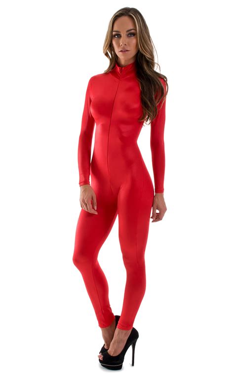 Front Zipper Catsuit Bodysuit In Wet Look Red
