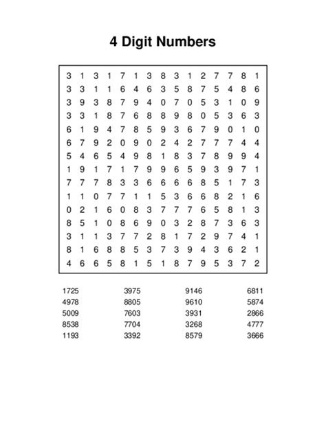 4 Digit Numbers Word Search