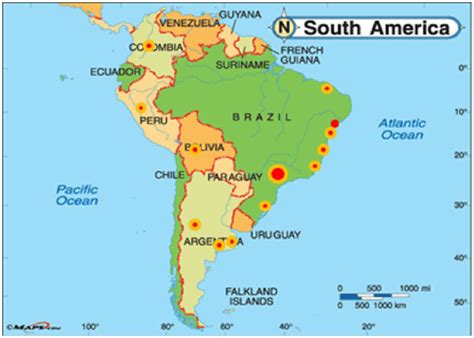 A américa do sul apresenta extensão territorial de aproximadamente 17,8 milhões de quilômetros quadrados. Mapa da América do Sul onde estão indicadas as principais ...