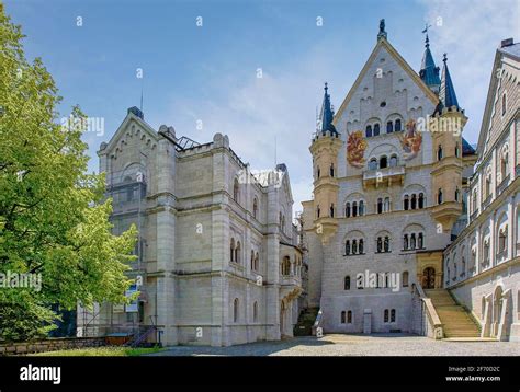 The Courtyard View From Inside The Walls Of Neuschwanstein Castle Stock