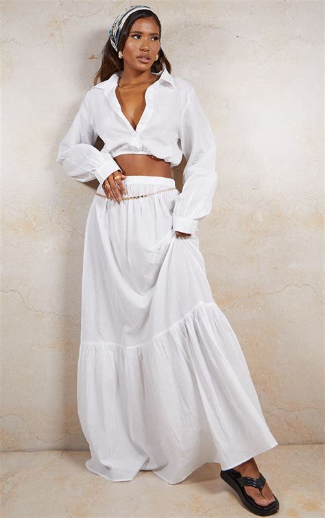 White Linen Feel Maxi Skirt Two Piece Sets Prettylittlething Usa