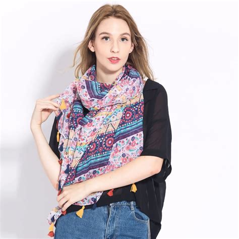 Woman Long Cotton Scarf With Tassels Printed Bohemian Style Oblong