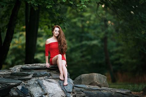 Sitting Bokeh Trees Bare Red Hair Long Hair Long S Shoulder Bare Shoulders Dress