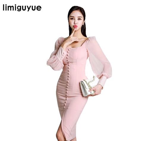 Limiguyue See Through Long Sleeve Pink Party Dresses Split Sexy Bandage Bodycon Longdress Office