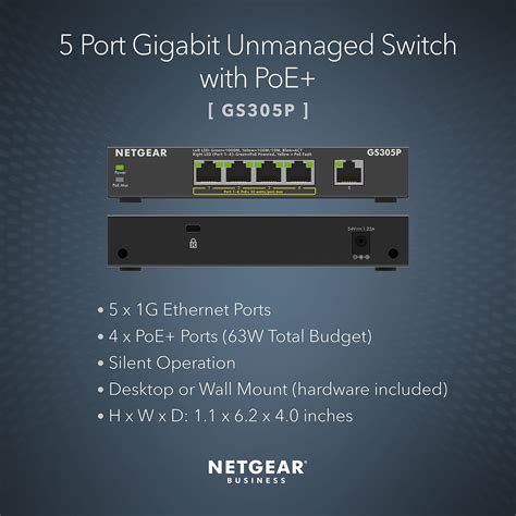 Netgear 5 Port Gigabit Ethernet Unmanaged Poe Switch Gs305p V2 With