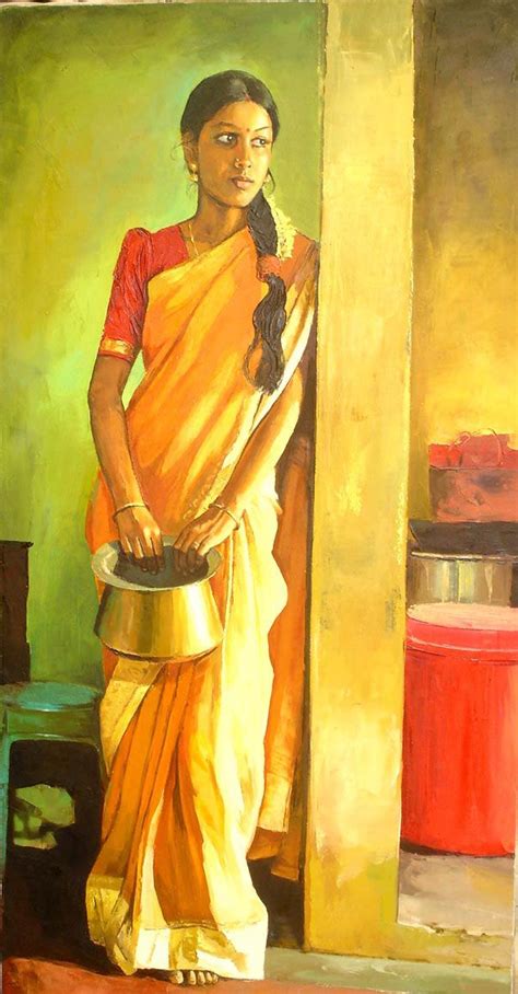 Tamil Woman With Bronze Vessel Painting By S Elayaraja Indian