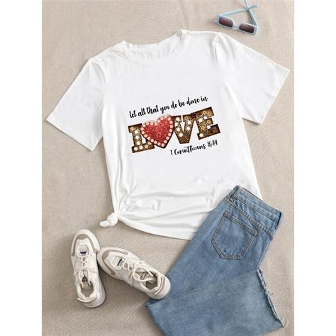 Plus Size Slogan And Heart Print Short Sleeve T Shirt Womens Plus