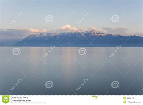 Landscape Of Lake Geneva And Mountains Alps At Sunset Switzerland