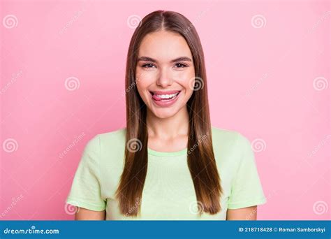 Photo Of Funny Flirty Young Lady Wear Green T Shirt Licking Lips Isolated Pastel Pink Color