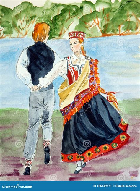Watercolor Drawing Of Latvian Folk Dance In Folk Costumes Stock