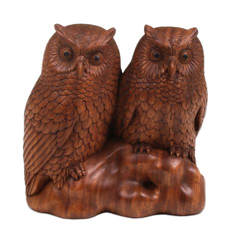 Hand Carved Wood Sculpture Of Twin Owls From Bali Twin Owls Novica