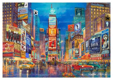 A Painting Of The Times Square In New York City At Night With Neon