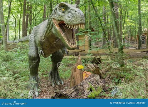 Tyrannosaurus Rex On Green Grass In Arboretum Park Wolf Stream