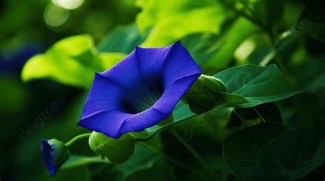 Blue Flower Of Blue Morning Glory Blooming In Trees Background Morning