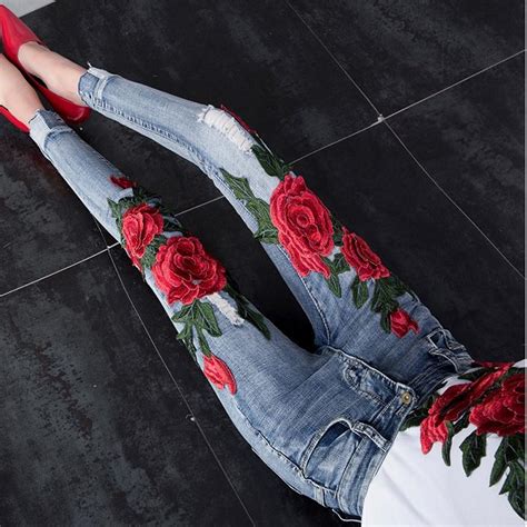 Flower Embroidered Women Jeans Stretch Elastic Jeans Pencil Hole Ripped Rose Pattern Jeans Plus