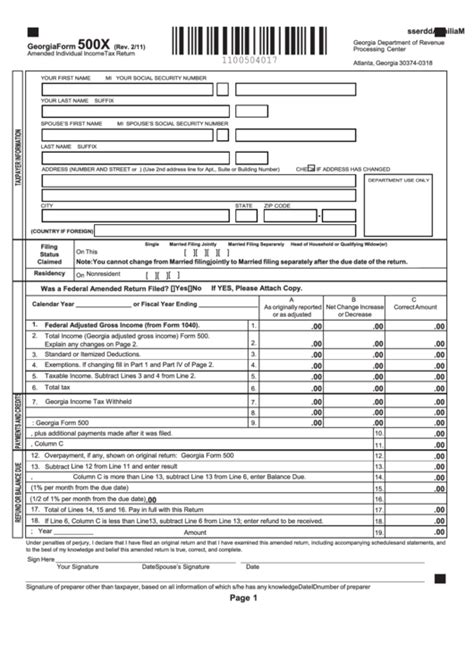 Fillable Georgia Form 500x Amended Individual Income Tax Return