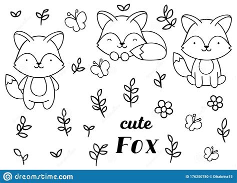 Coloring Pages Black And White Set Cute Kawaii Hand Drawn Fox Doodles