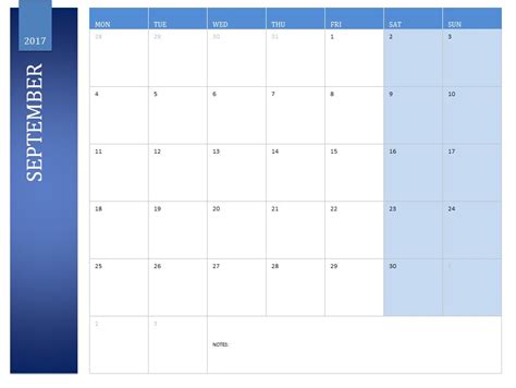 September 2017 Calendar My Excel Templates