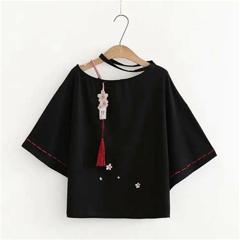 Women Black T Shirt Cute Japanese Style Short Sleeve Sakura Embroidered