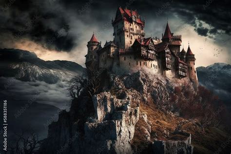 Scary Horror And Haunted Dracula Medieval Vampire Castle With Bats Halloween Myth And Legend